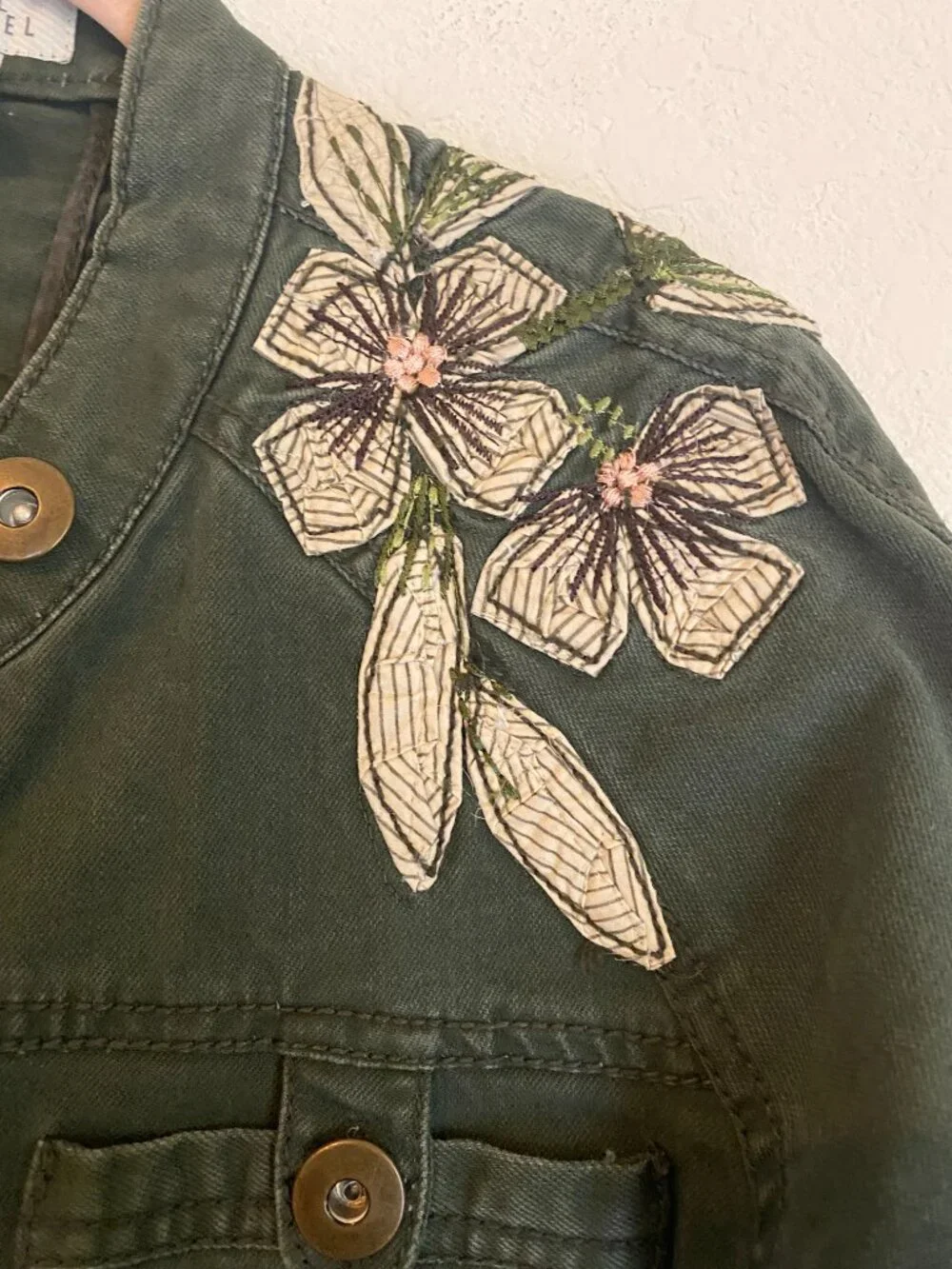 Military Olive Green Floral Embroidered Utility Jacket Susan Bristol Boho
